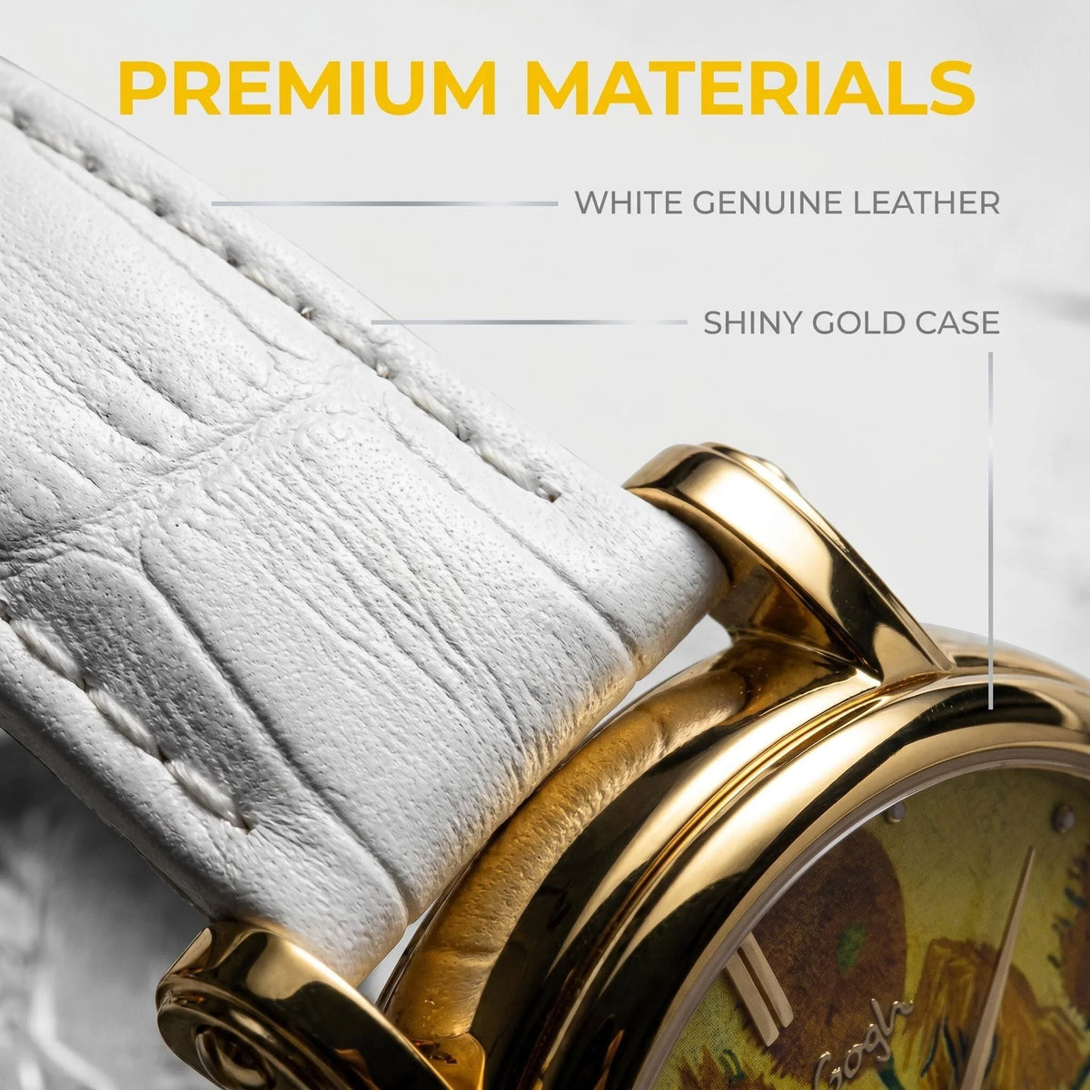 Van Gogh Sunflower Oil Painting Dial Quartz Watch for Women Swiss Movement 36mm Gold Case White Leather Strap