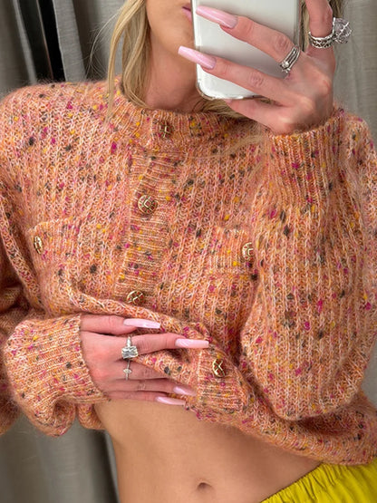 Fashion Marled Knitted Cardigan O-neck Single Breasted Long Sleeves Loose Sweater Women Casual Fashion Commute Autumn Sweaters
