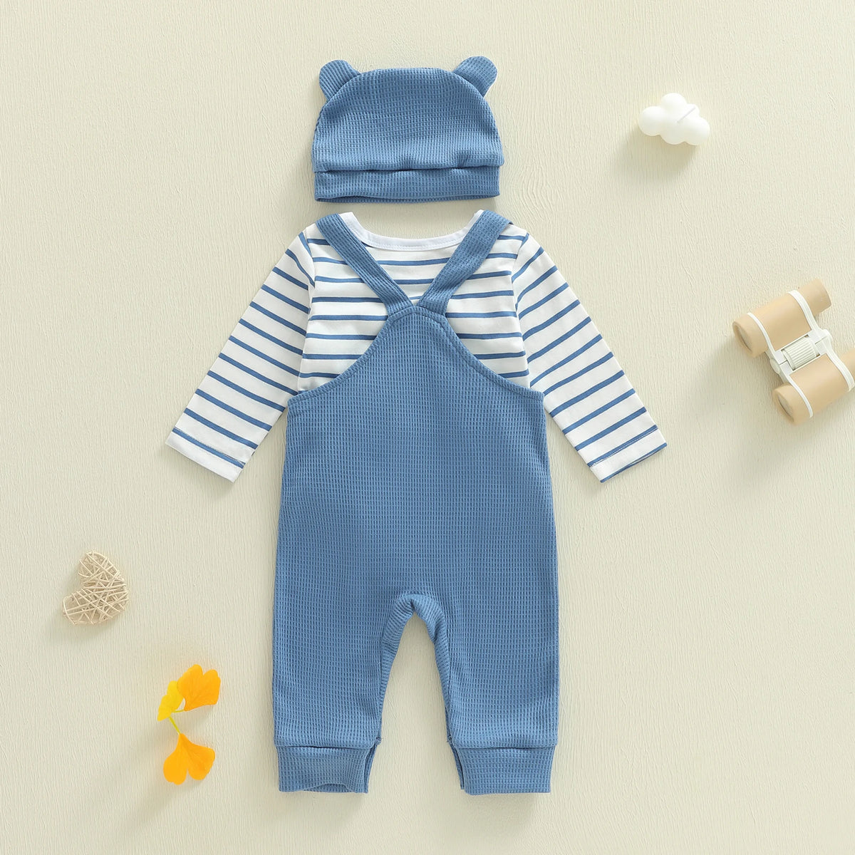 Citgeett Autumn Infant Baby Boys Outfit Sets Long Sleeve Striped Romper Elephant Embroidery Suspender Pants Hat Sets