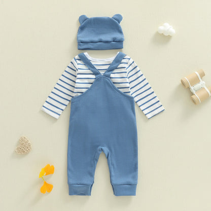 Citgeett Autumn Infant Baby Boys Outfit Sets Long Sleeve Striped Romper Elephant Embroidery Suspender Pants Hat Sets