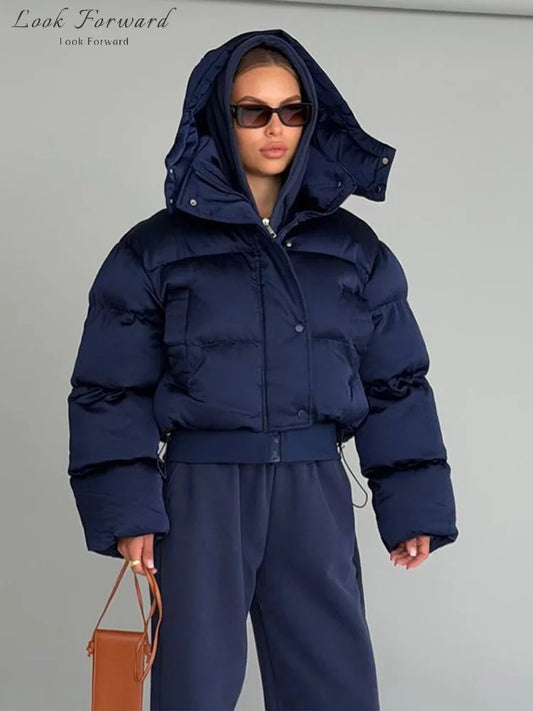 Detachable Sleeves Padded Coats Women's Hooded Zipper Pockets Stand Collar Thicken Jackets 2026 New Ladies Winter Solid Outwear