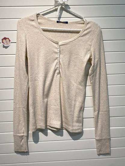 Retro White Ribbed Button T-shirts Women Spring Cotton Round Neck Long Sleeve Tees Female Y2k Streetwear Casual T Shirt Tops