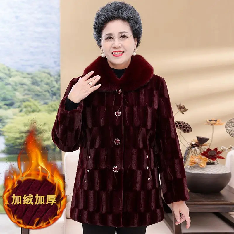 Grandma's Winter Jacket New Imitation Mink Fur Coat Mid Length Elderly Mother Add Velvet Thicken Warm Parkas Women Overcoat 6XL