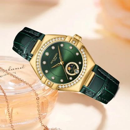 ROLENDO Women's Automatic Mechanical Watches Moon Phase Display Diamond Bezel Green Dial Leather Strap Watch Gift For Women