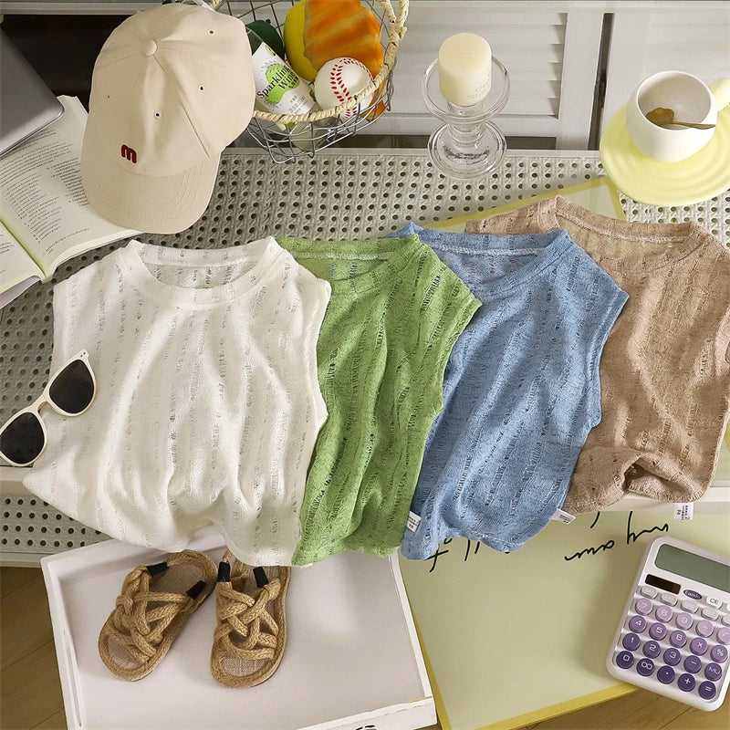 Summer Boys T-shirts Tops For Kids Baby Hollow Knit Vest Tees Children's Clothing Casual Solid Color Breathable Sleeveless Tops