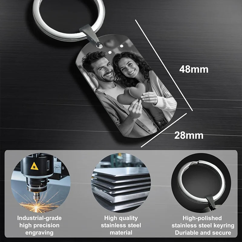 Personalized Photo Keychain, Custom Laser-Engraved Portrait Keychain, Stainless Steel Black Military Tag Pendant, Wedding Thank You Letter Keychain Gift, Valentine's Day Commemorative Keychain, Anniversary Gift
