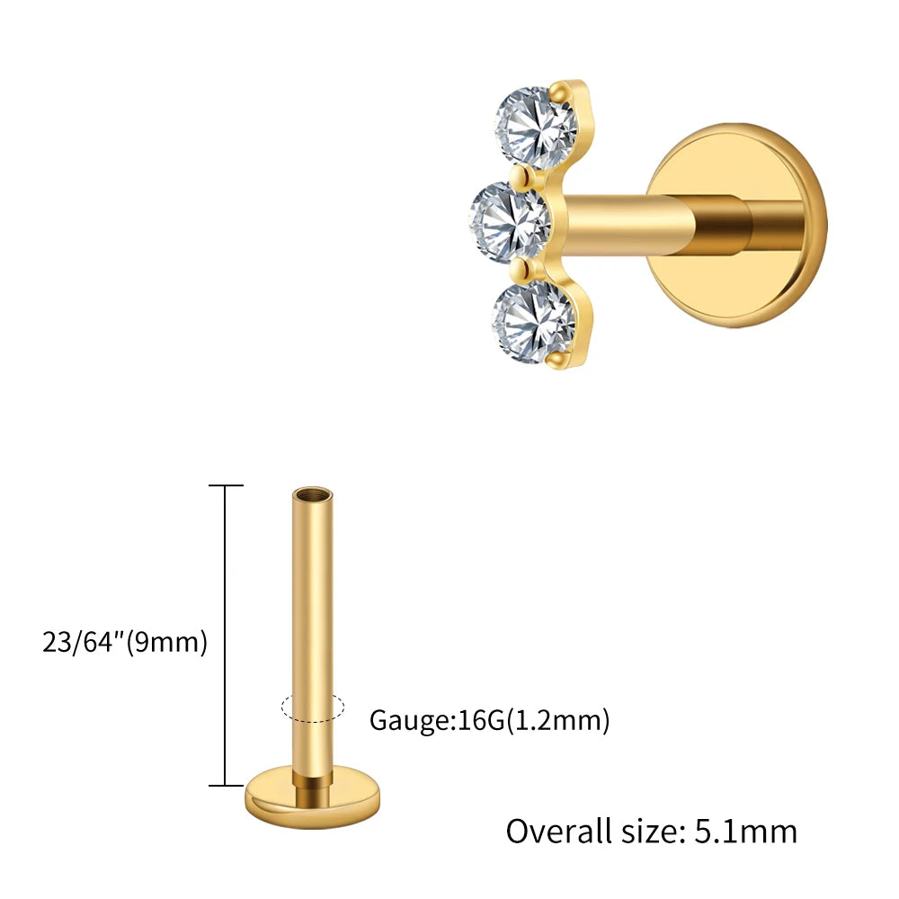 Right Grand ASTM F136 Titanium Triple CZ Helix Tragus Flat Back Earring 16G Dainty Ear Climber Cartilage Stud Piercing Jewelry