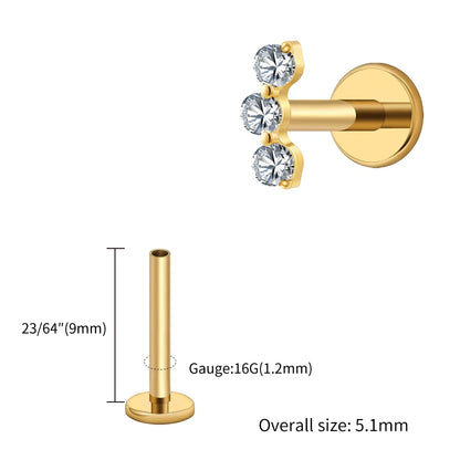 Right Grand ASTM F136 Titanium Triple CZ Helix Tragus Flat Back Earring 16G Dainty Ear Climber Cartilage Stud Piercing Jewelry