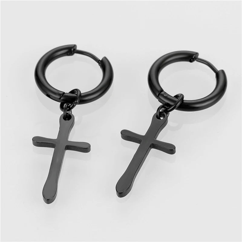 2PC Punk stainless steel Small Hoop Earrings for Men and Women Gothic Cross Ear Ring Pop Hip Hop Piercing Ear studs Jewelry