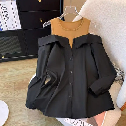 False Two Piece Polo Collar Blouse Women Shirt Loose Tank Patchwork Long Sleeve Shirts Off The Shoulder Spring Pullovers Top New