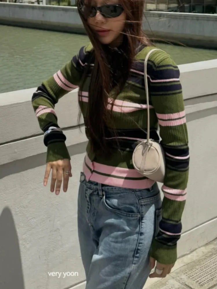 Knitted Autumn Striped Cardigan Pullover Sweater Women Long SLeeve Fashion Casual Ladies Sweaters Korean Style Woman Cardigans