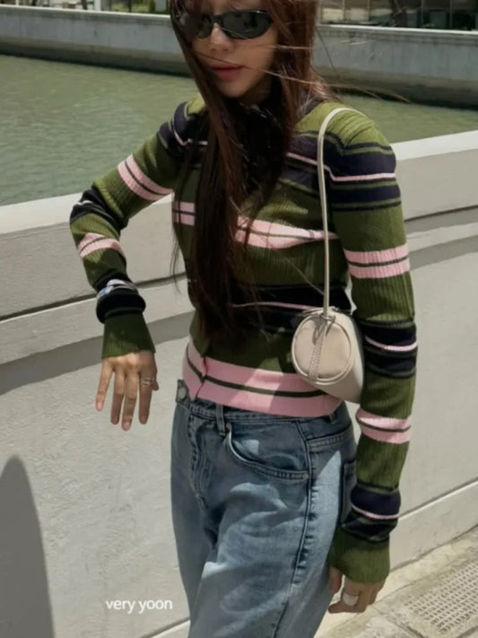 Women's Striped Collared Knit Top