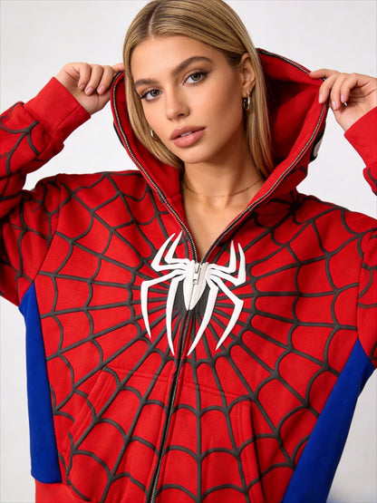 New Gothic Dark Spider Print Hooded Cardigan Loose Sweater Jacket Women
