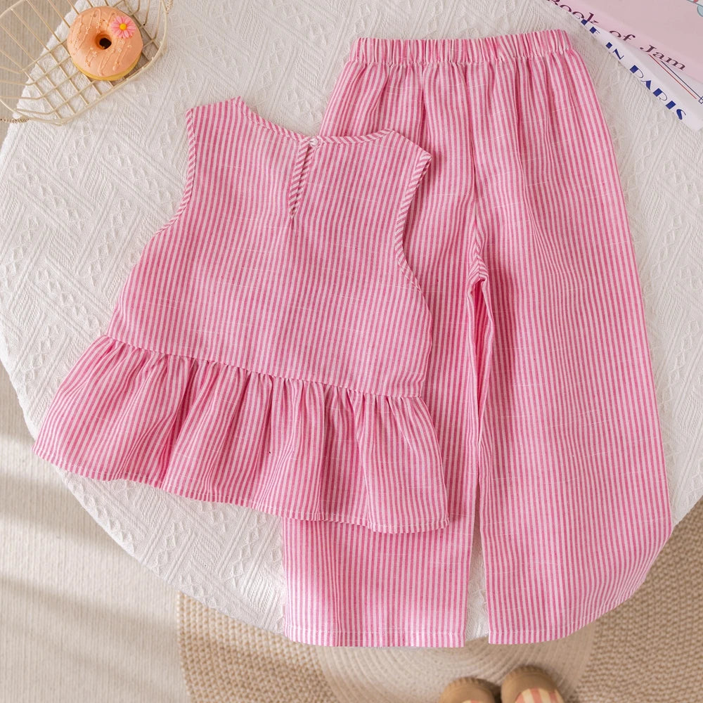 Humor Bear Summer Girls' Suits Pink vertical stripe Bow Sleeveless Vest Top+Pants Two-piece Set Sweet Kids' Clothing Sets