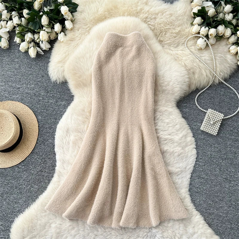 Women Faux Mink Knit Mermaid Skirt High Waist Soft Fuzzy Warm Sweater Skirt Fall Winter Elegant Bodycon Long Midi Skirts 636