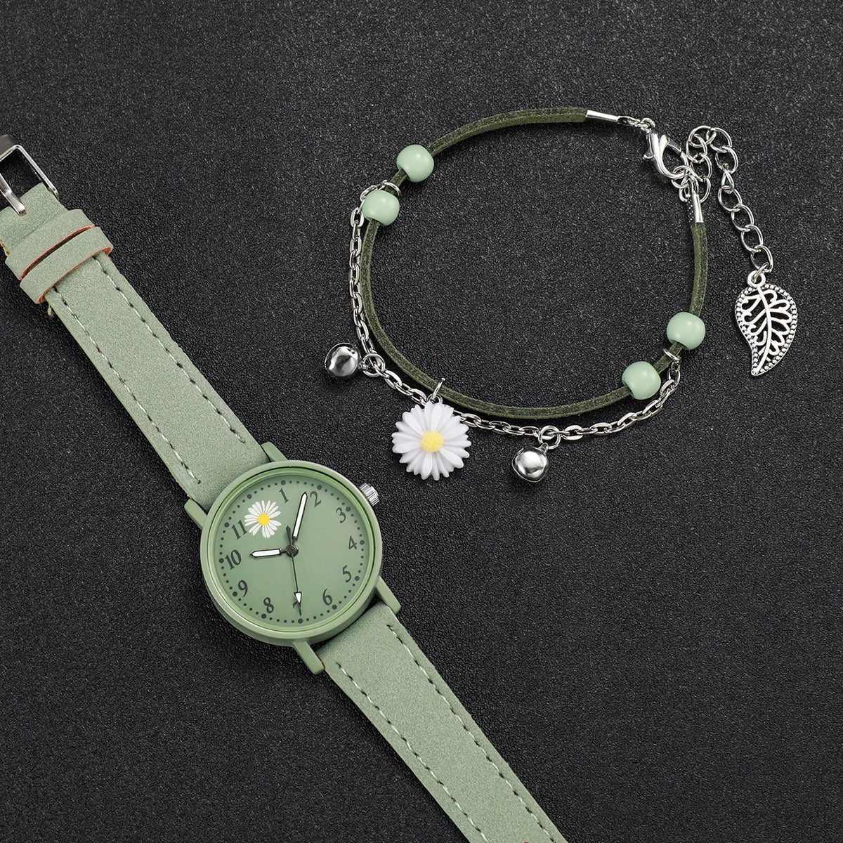 2PCS/Set Fashion Flower Dial Women's Watch Casual Leather Band Quartz Watches Bracelets Set（Without Box）