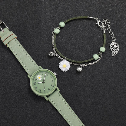 2PCS/Set Fashion Flower Dial Women's Watch Casual Leather Band Quartz Watches Bracelets Set（Without Box）