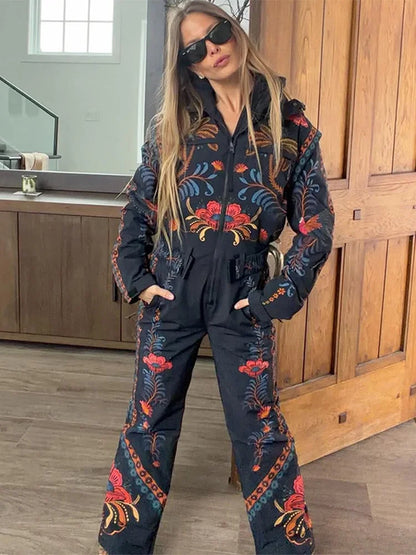 Women Floral Print Hooded Ski Set Stand Belt Waist Zipper Straight Jumpsuit Retro Fashion Sheath Warm Sport Winter 2026 Skiwear