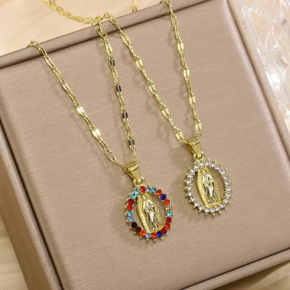EXQUISITE AND STYLISH DESIGN, HOLLOW NECKLACE OF THE VIRGIN MARY ADORNED WITH BEAUTIFULLY SET COLORED ZIRCONIA