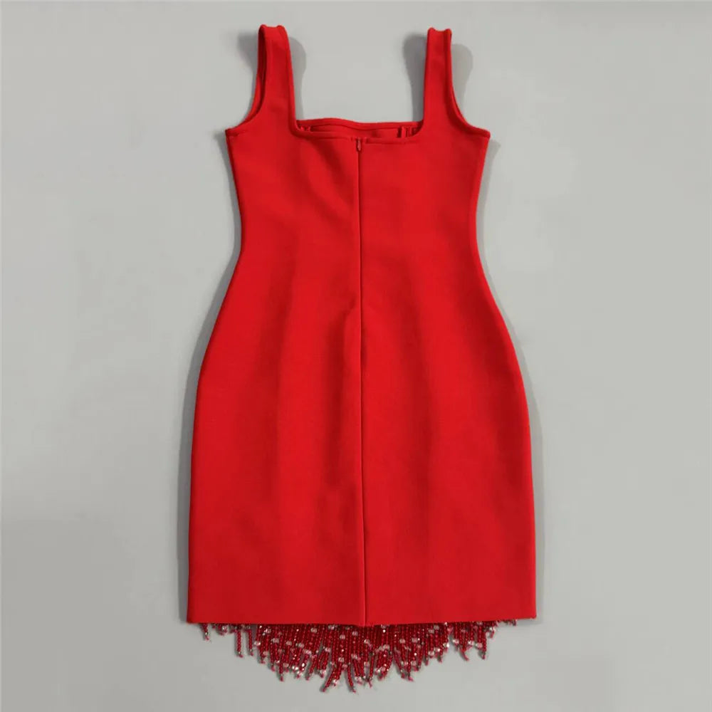 Women Sexy Sleeveless Bandage Dress Fashion Beading Tassel Clothes Club Party Bodycon Dresses