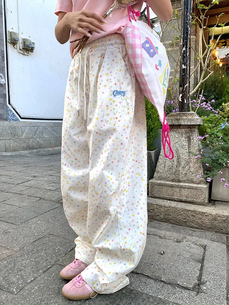 Zoki Stars Print Letter Cargo Pants Women Sweet Fashion High Waist Wide Leg Trousers Casual Loose Preppy Style Female Cute Pants