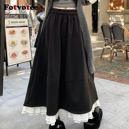 FOTVOTEE Japanese Autumn Woolen Midi Skirt for Women Elastic High Waist Ruffle Hem A Line Skirts Women Loose Draped Casual Skirt