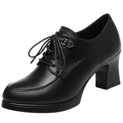 British Style Deep Mouth Soft Leather Oxford Shoes Women's Platform Pumps 2024 Spring Block High Heels Shoes for Office Mom