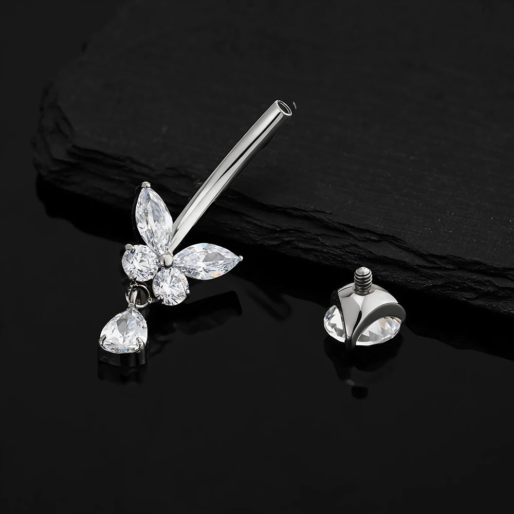 Right Grand ASTM F136 Titanium Butterfly CZ Dangle Belly Button Ring 14G Teardrop Drop Navel Curved Barbell Piercing Jewelry