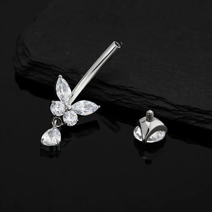 Right Grand ASTM F136 Titanium Butterfly CZ Dangle Belly Button Ring 14G Teardrop Drop Navel Curved Barbell Piercing Jewelry
