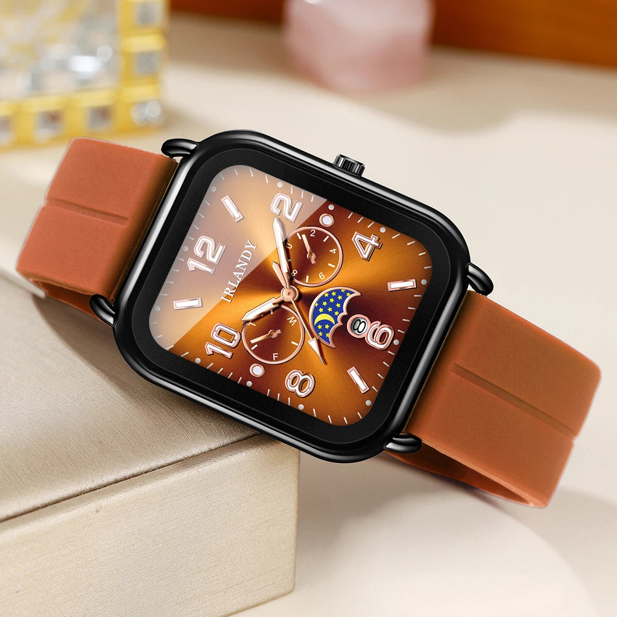 Fashion Square Women Watch Brown Silicone Strap Calendar Quartz Wristwatches Ladies Clock Relogio Feminino（Without Box）