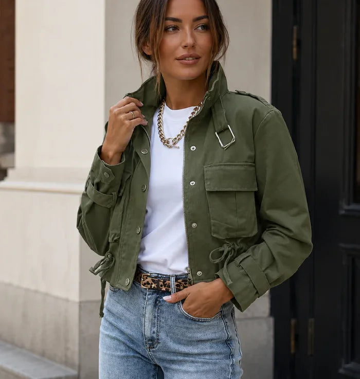 Vintage Women's Short Jacket Stand Collar Zip Single-breasted Army Green Utility Coat 2026 New Fall Chic Cargo Street Jackets