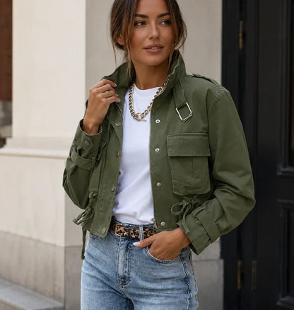 Vintage Women's Short Jacket Stand Collar Zip Single-breasted Army Green Utility Coat 2026 New Fall Chic Cargo Street Jackets