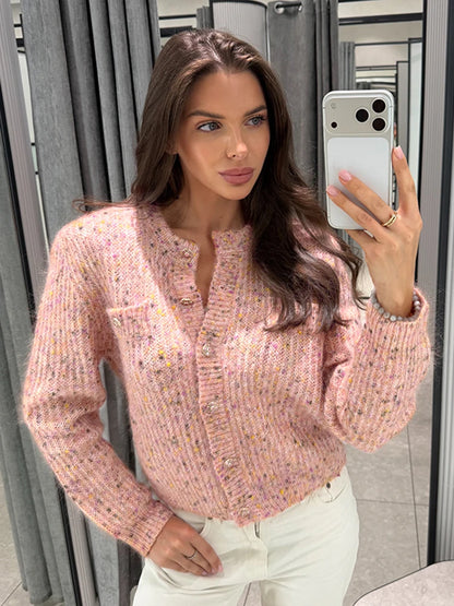Knitted Cardigan For Women Single Breasted Elastic Hem Pocket O-Neck Women's Sweater Long Sleeve Short Blouse Chic Cardigan Lady