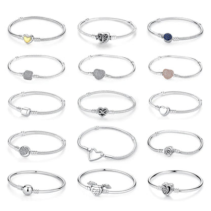 Original 925 Sterling Silver Bracelets Bangles Love Heart Clip Charms Beads Snake Chains For Women Rose Gold DIY Luxury Jewelry