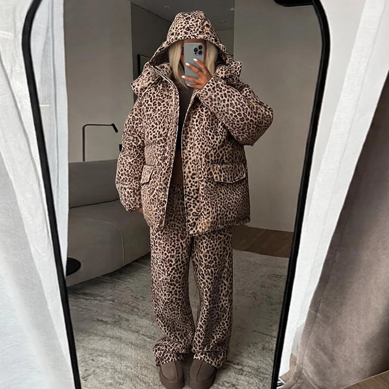 Urban Solid Women Stripe Padded Coat Pant Set Casual Full Sleeve Hooded Zipper Jacket Elastic Waist Pants 2026 Winter Lady Suits