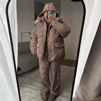 Urban Solid Women Stripe Padded Coat Pant Set Casual Full Sleeve Hooded Zipper Jacket Elastic Waist Pants 2026 Winter Lady Suits