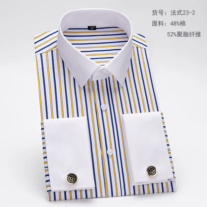 Quality Men Casual Slim Fit Shirt Mens Long Sleeve Business Dress Shirts French Cufflinks Shirt Male Striped Shirt