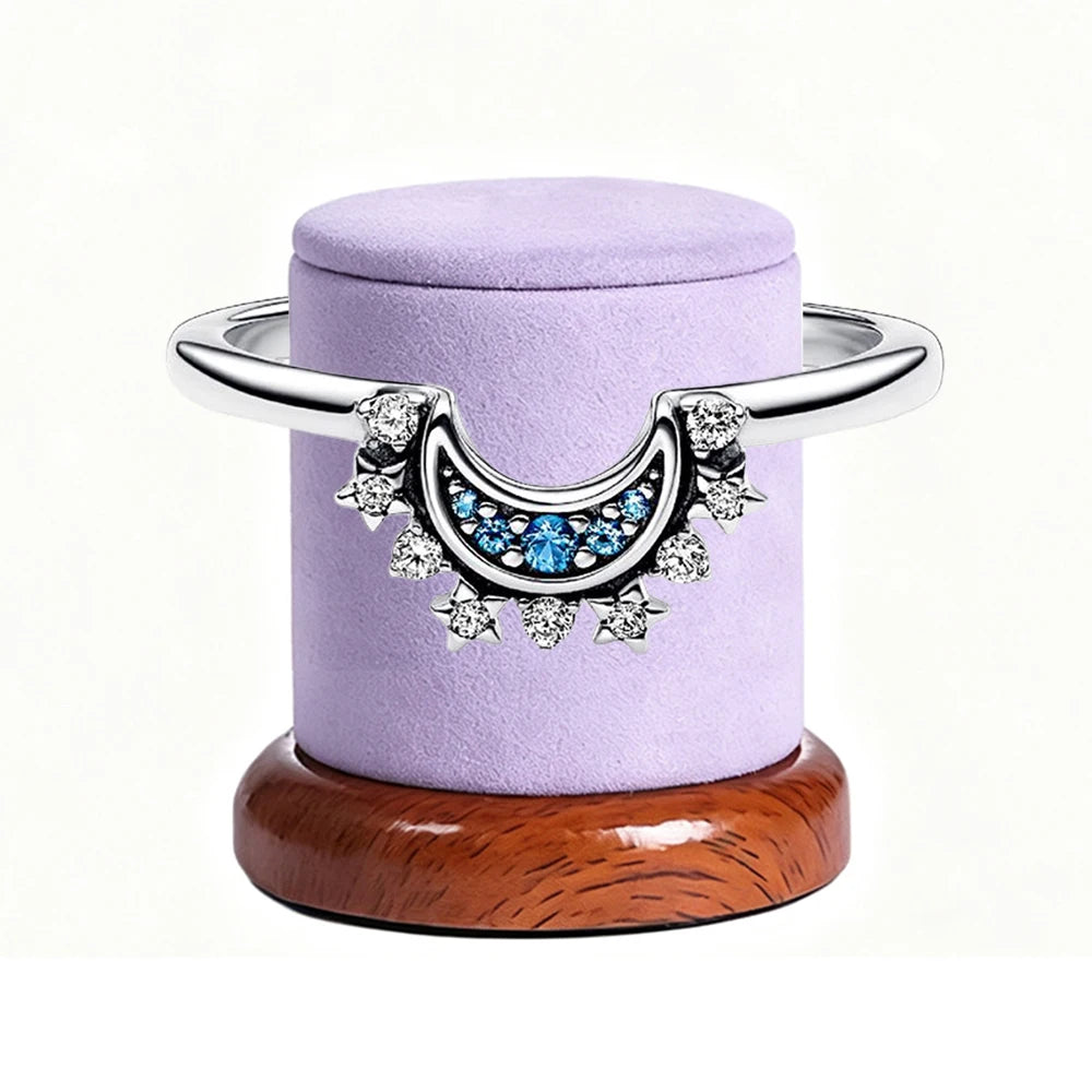 New 925 Silver Sparkling Double Heart Blue Pear Blossom Ice Pillar High Princess Crown Ring Fashion DIY Charm Jewelry