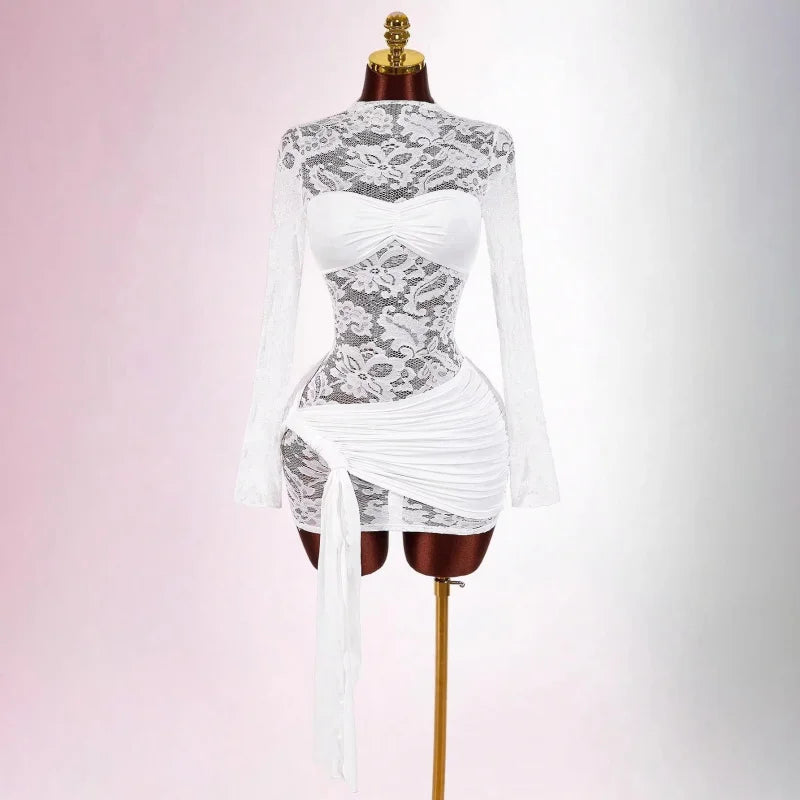 French Lace Sheer Dress Waist-Cinching Pleated Strap Slim-Fit Bodycon Skirt