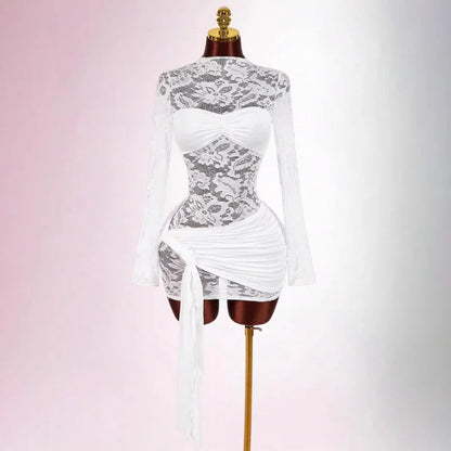 French Lace Sheer Dress Waist-Cinching Pleated Strap Slim-Fit Bodycon Skirt