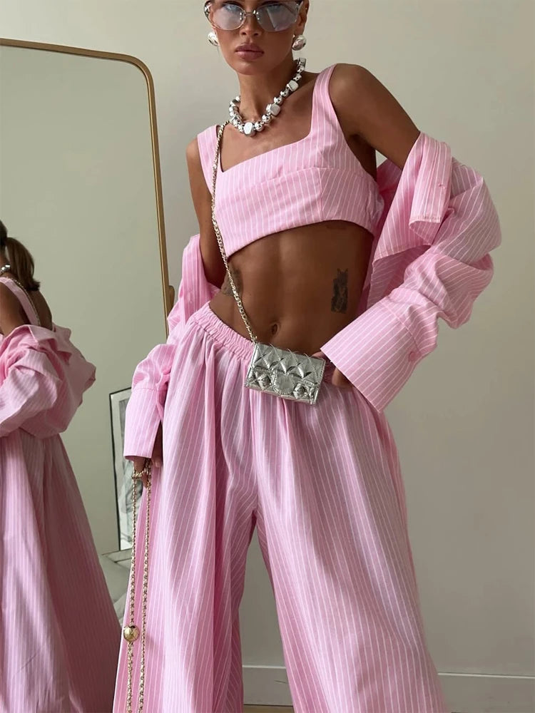 Fashion Drop Waist Lantern Pant 3 Pieces Suit Stripe Women Leeveless Vest Long Sleeve Lapel Shirt Sets 2026 Lady New Street Wear