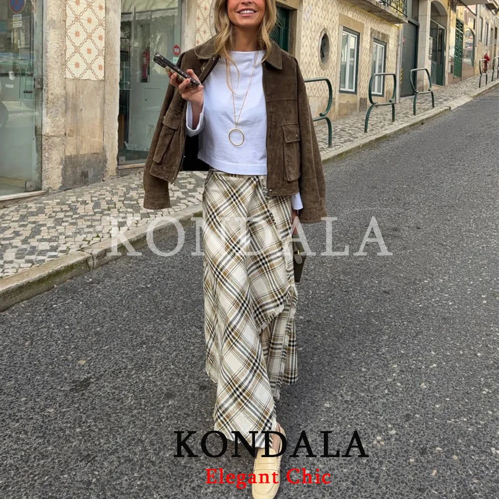 KONDALA Women Trendy Holiday Midi Skirt Asymmetric Plaid Split Fork Skirt Fashion 2026 Spring Summer Streetwear Party Lady Skirt
