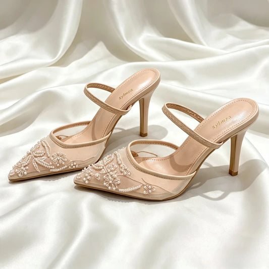 Women's Embroidered Mesh Slingback Heels