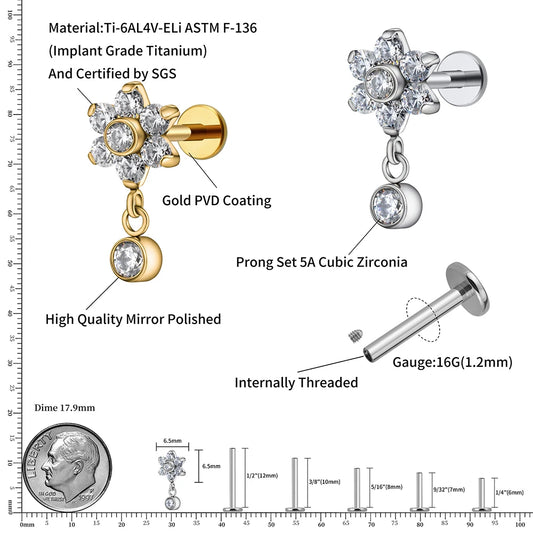 Right Grand ASTM F136 Titanium 16G Flower CZ Drop Dangle Flat Earring Tragus Helix Lobe Stud Piercing Jewelry
