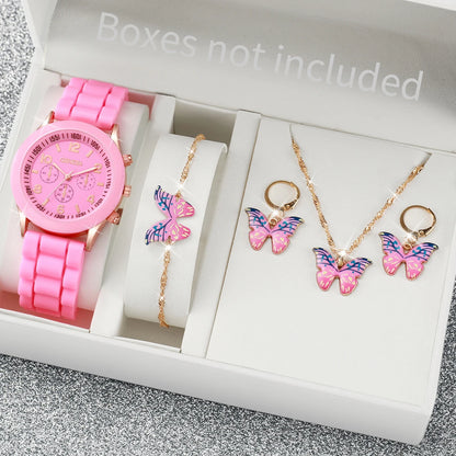 5/6PCS Fashion Women Watches Casual Silicone Band Ladies Quartz Watch Jewelry Set Relogios Feminino Girls Clock Gift（Without Box