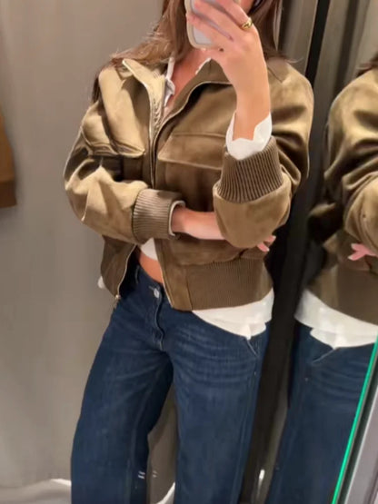 Women's Cropped Bomber Jacket Stand Collar Zipper Patch Pocket Rib Trim Long Sleeve Short Coat Vintage 2026 Autumn Casual Outfit