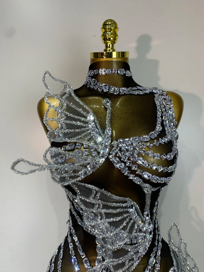 Women Sexy Mesh See Through Sparkly Butterfly Crystal Bodycon Mini Dress Celebrate Birthday Evening Party Singer Stage Outfit