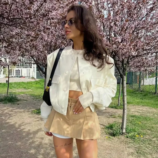 Women's Cropped Button-Front Bomber Jacket