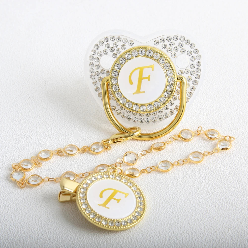 Transparent 26 Initial Letter Luxury Baby Pacifier with Chain Clip Newborn Bling Dummy Soother Chupeta