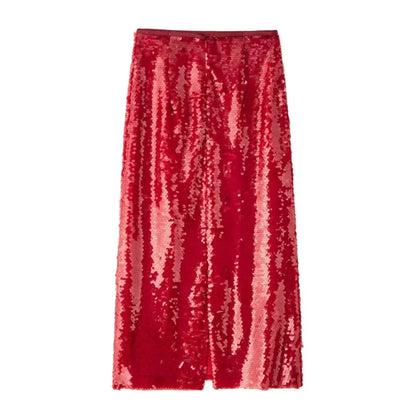 High Waist Bead Embellishment Long Skirt Women Red Sequins Slim Fit Slit Simple Temperament Midi Skirts Lady Elegant Party Skirt